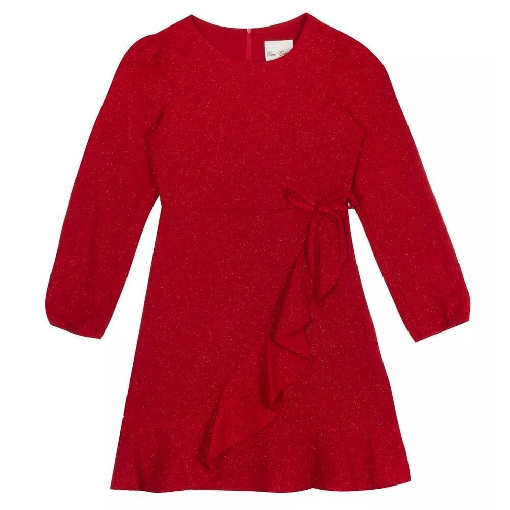 Rare Editions Big Girls‎ Red Glitter Knit Ruffle Faux Wrap Dress Size 8